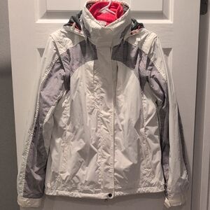 White and Gray Ski Jacket with Hood and Water-Resistant Finish